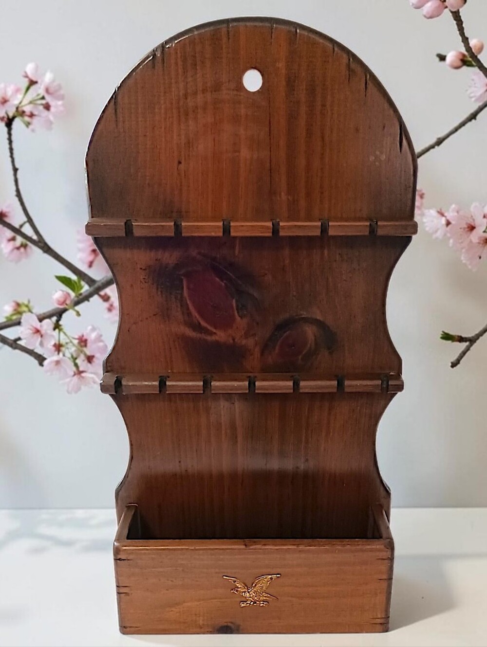 Vtg Wood Souvenir Spoon Rack Eagle Wall Holder 12 Slot Drawer Americana Colonial